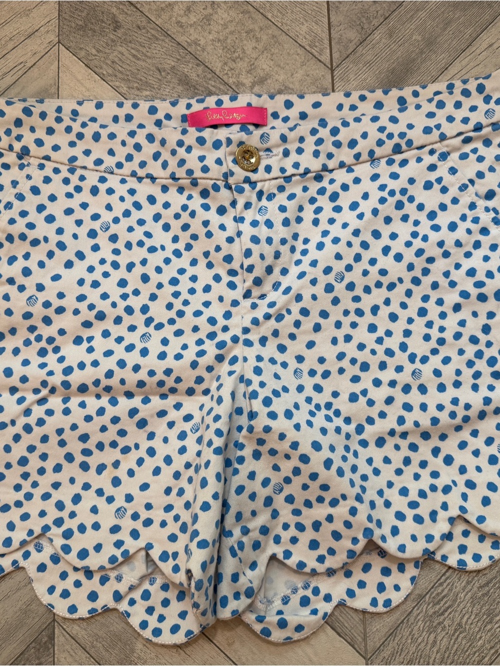 Lilly Pulitzer Buttercup White & Blue Polka Dot Zanzibar Scalloped Shorts